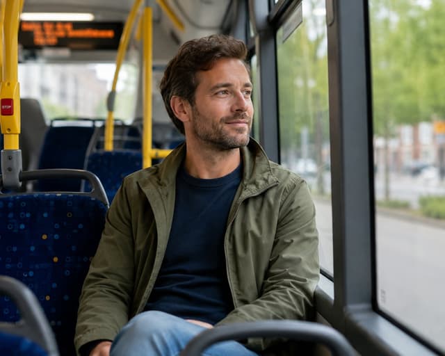 Man kijkt relaxed naar buiten in de bus